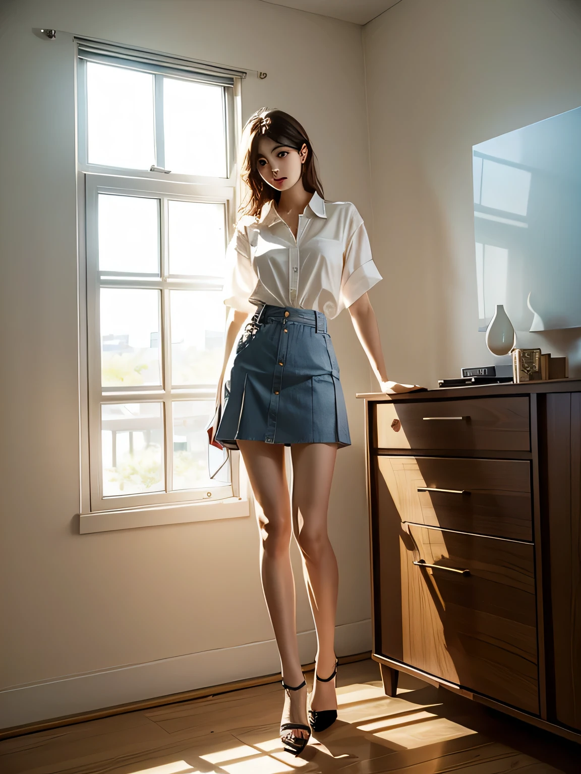 real、long legs、full、feminine、white shirt、mini skirt、high heels,very delicate face,realistic lighting and shading, (very delicate and beautiful芸術)1.2, It's elegant,dramatic shadow、very detailed。high quality、High resolution、Raw、超High resolution、super detail、(very delicate and beautiful)、very detailed、real shadow