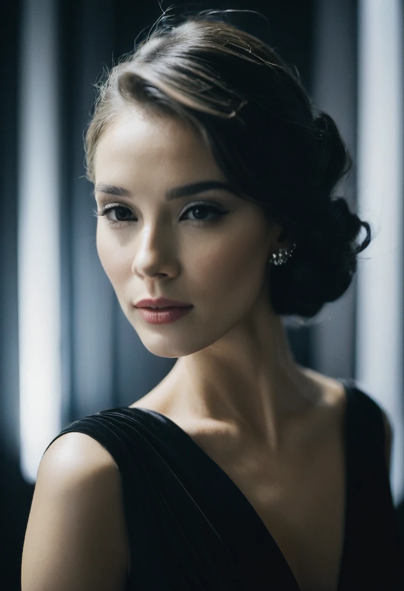 dark shot, film grain, A close up of a woman in a beautiful black dress and a black background, ultra clear, high quality