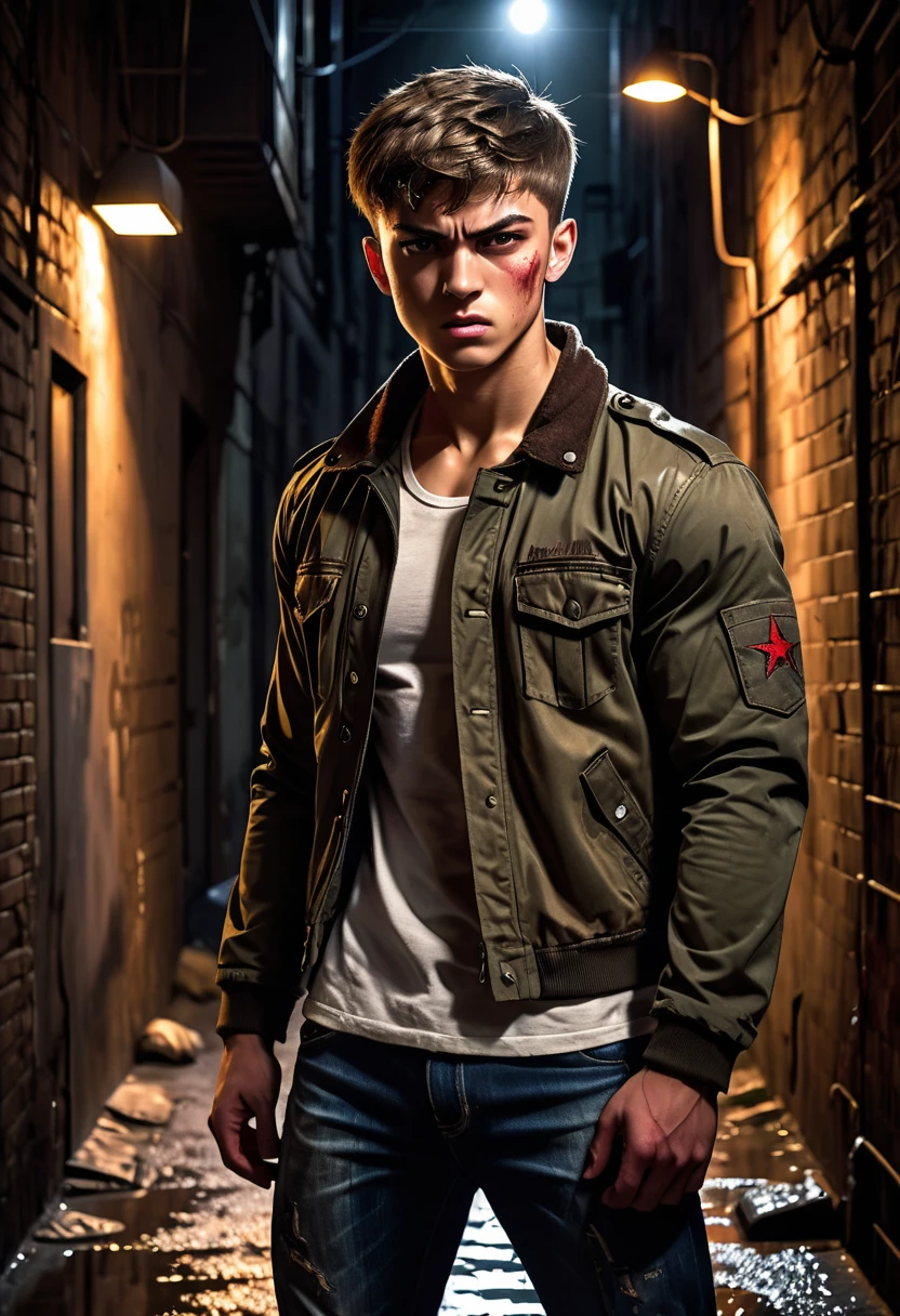 a rustic boy, 20 years old, military short hair, lightbrown eyes, male pose standing in a dark alley, mysterious lighting, Muscular Physique, looking at the camera, anger, jaket, bloodstains