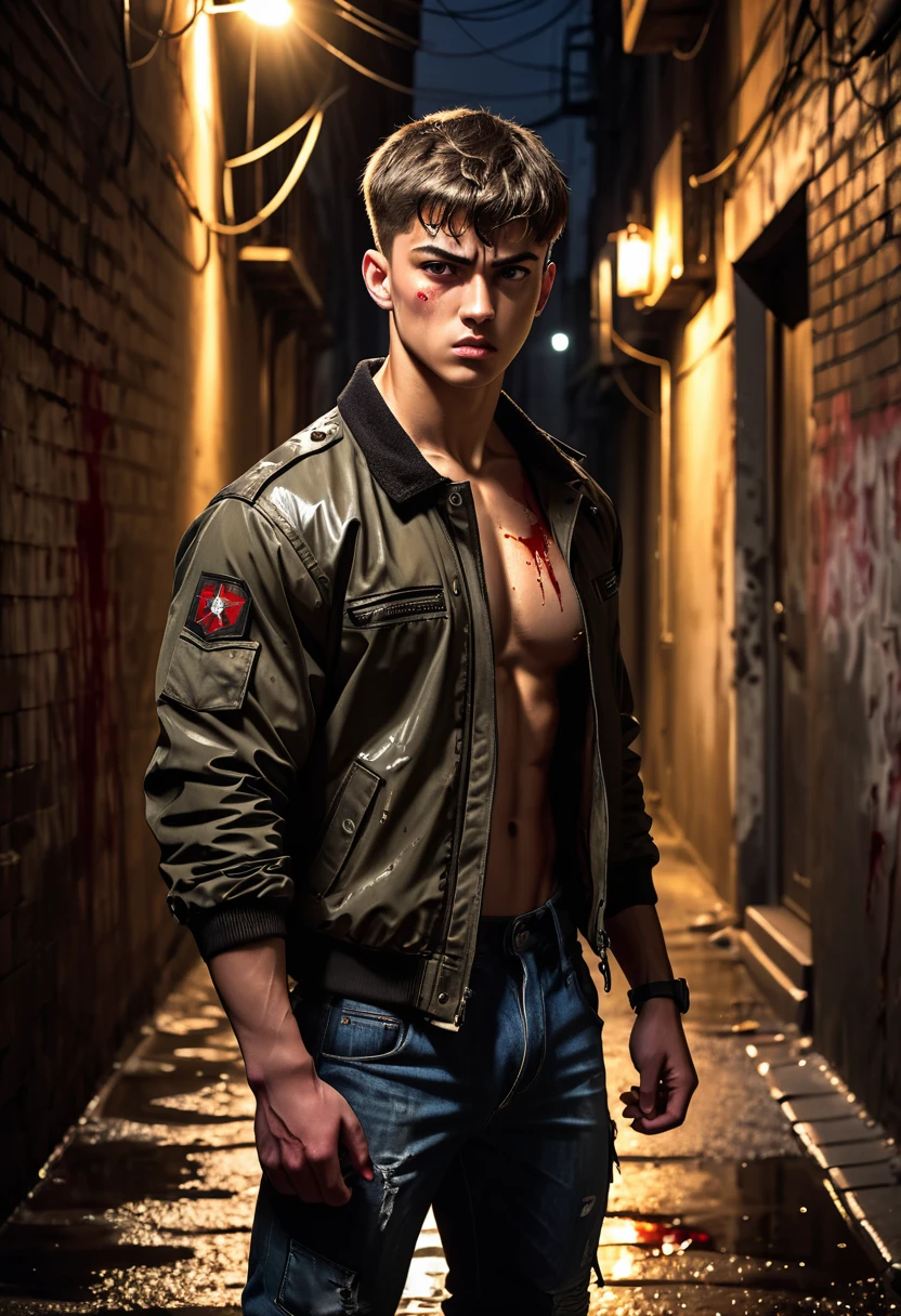 a rustic boy, 20 years old, military short hair, lightbrown eyes, male pose standing in a dark alley, mysterious lighting, Muscular Physique, looking at the camera, anger, jaket, bloodstains