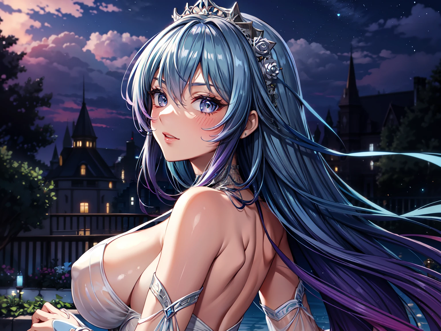 (masterpiece, best quality, beautiful and aesthetic:1.3), look back, side view, 1woman, solo, matured woman, (Silver blue hair streaked purple:1.4), (Gradient sky blue hair ends:1.6), hair strand, absurdly long hair, single sidelock, wavy hair, shiny hair, floating hair, (deep red eyes), delicate eyes, aqua eyes, super high detailed eyes, long upper eyelashes, makeup, Focus on face, Very detailed facial, Perfect breasts, hot body, (Delicate skin texture:1.2), bridal veil, lace-trimmed dress, see-through, wedding dress, outdoors, white roses, garden, morning, standing, extreme detailed, (A little embarrassing)