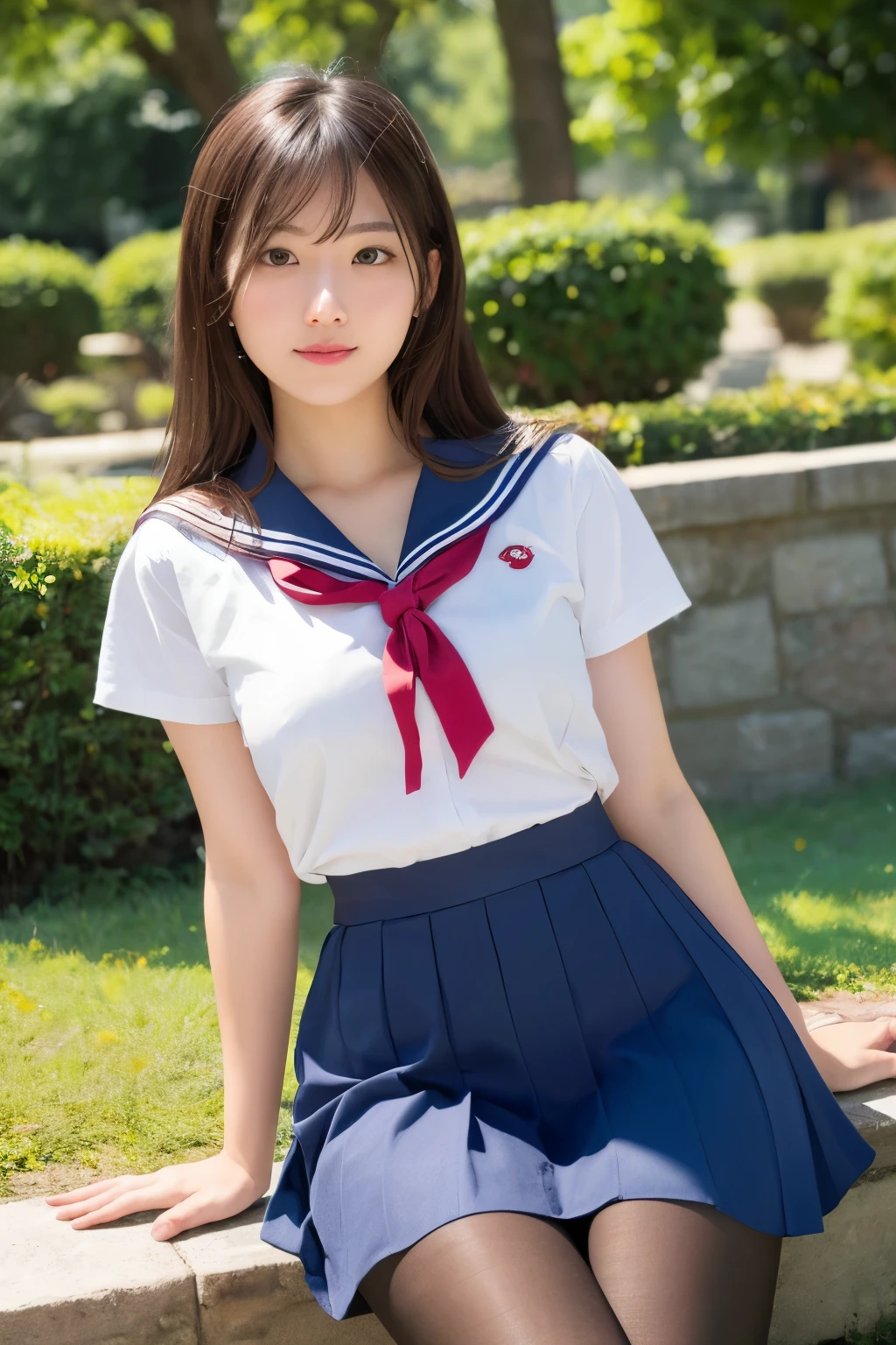(((masterpiece))), (((Highest quality: 1.4))), ((Super detailed: 1.4)) , Super realistic in summer uniform, 17-year-old girl、Seraphim、seifuku, Colored Sailor Uniform, Japan , A seductive smile、Japanese ido、Skirt and thighs、Sitting on the lawn、Sitting, (Wearing pantyhose、Ultra-realistic pantyhose)、RAW Photos, (In 8K、Highest quality、masterpiece:1.2)、(Intricate details:1.4)、(Photorealistic:1.4)、Octane Rendering、複雑な3DレンダリングのSuper detailed, Studio Soft Light, Rim Light, Vivid details, Super Detail, Realistic skin texture, Highly detailed CG Unity 16k wallpaper, compensate, (Detailed Background:1.2), Shiny skin、turn around、Bare thighs!!!、