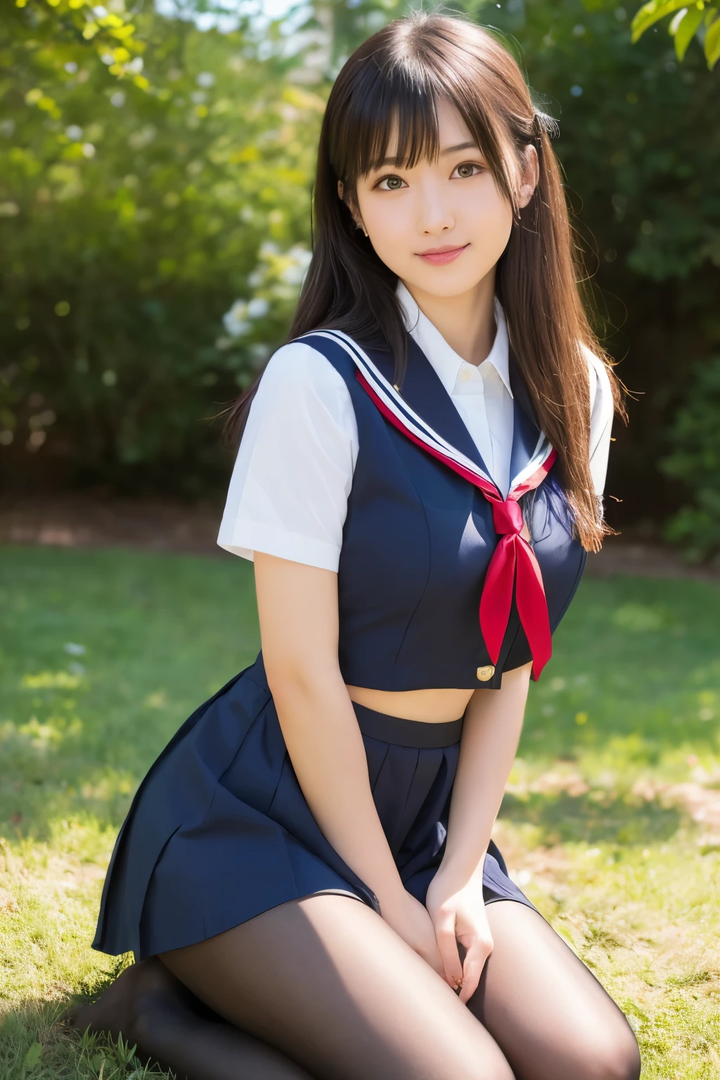 (((masterpiece))), (((Highest quality: 1.4))), ((Super detailed: 1.4)) , Super realistic in summer uniform, 17-year-old girl、Seraphim、seifuku, Colored Sailor Uniform, Japan , A seductive smile、Japanese ido、Skirt and thighs、Sitting on the lawn、Sitting, (Wearing pantyhose、Ultra-realistic pantyhose)、RAW Photos, (In 8K、Highest quality、masterpiece:1.2)、(Intricate details:1.4)、(Photorealistic:1.4)、Octane Rendering、複雑な3DレンダリングのSuper detailed, Studio Soft Light, Rim Light, Vivid details, Super Detail, Realistic skin texture, Highly detailed CG Unity 16k wallpaper, compensate, (Detailed Background:1.2),　Shiny skin、turn around、Bare thighs!!!、