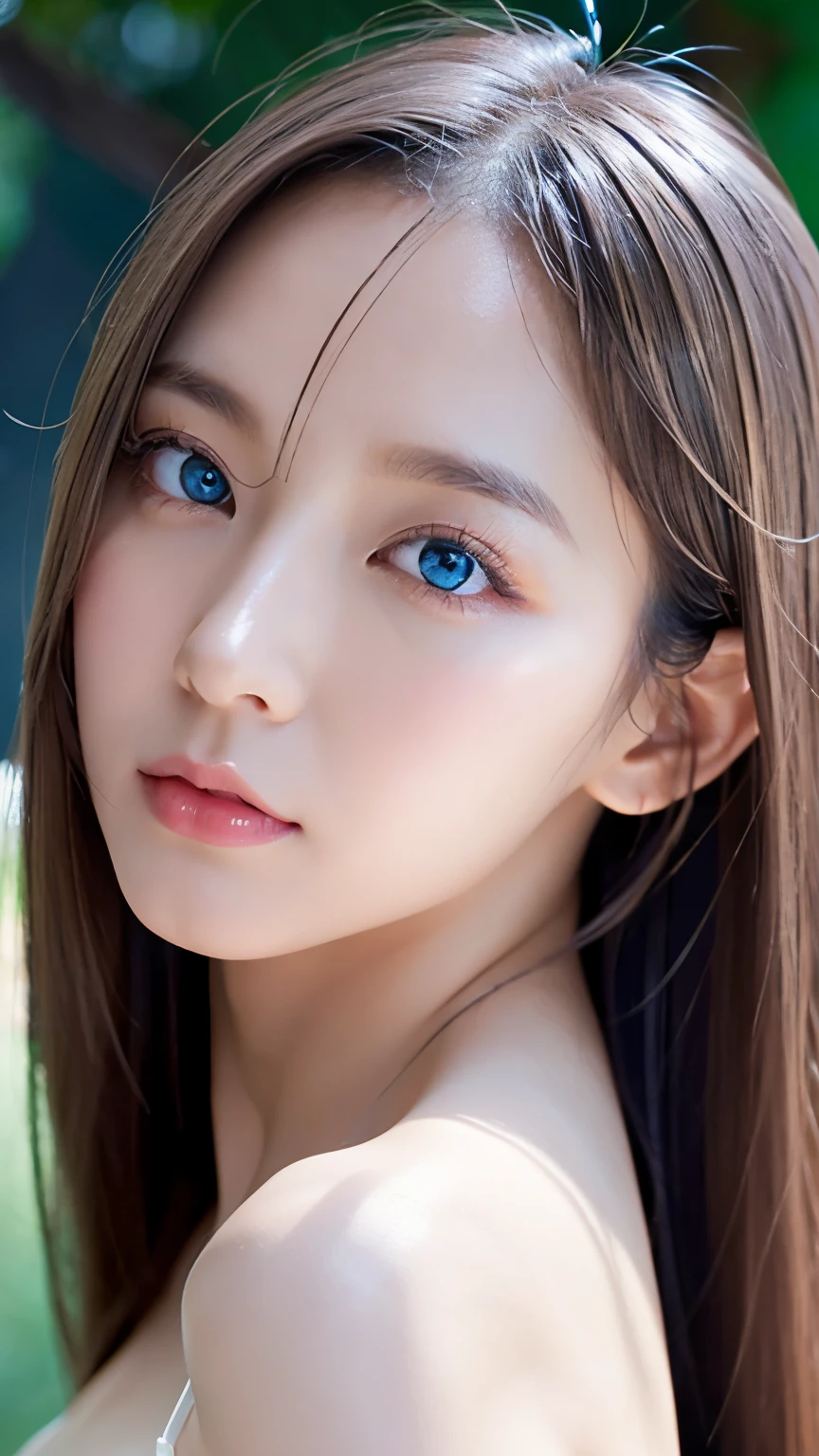 Unparalleled beauty, Glossy, firm and shiny skin, Bangs between the eyes, Beautiful shiny, straight platinum blonde, Super long straight silky hair, eyeliner, sexyで美しい無邪気な20歳, High resolution, Very bright and beautiful large glowing light blue eyes、Very big eyes、Beautiful and lovely girl, ((Huge ))、((erotic、sexy、超High resolution、The lighting is bright、Precise needles without discomfort))、