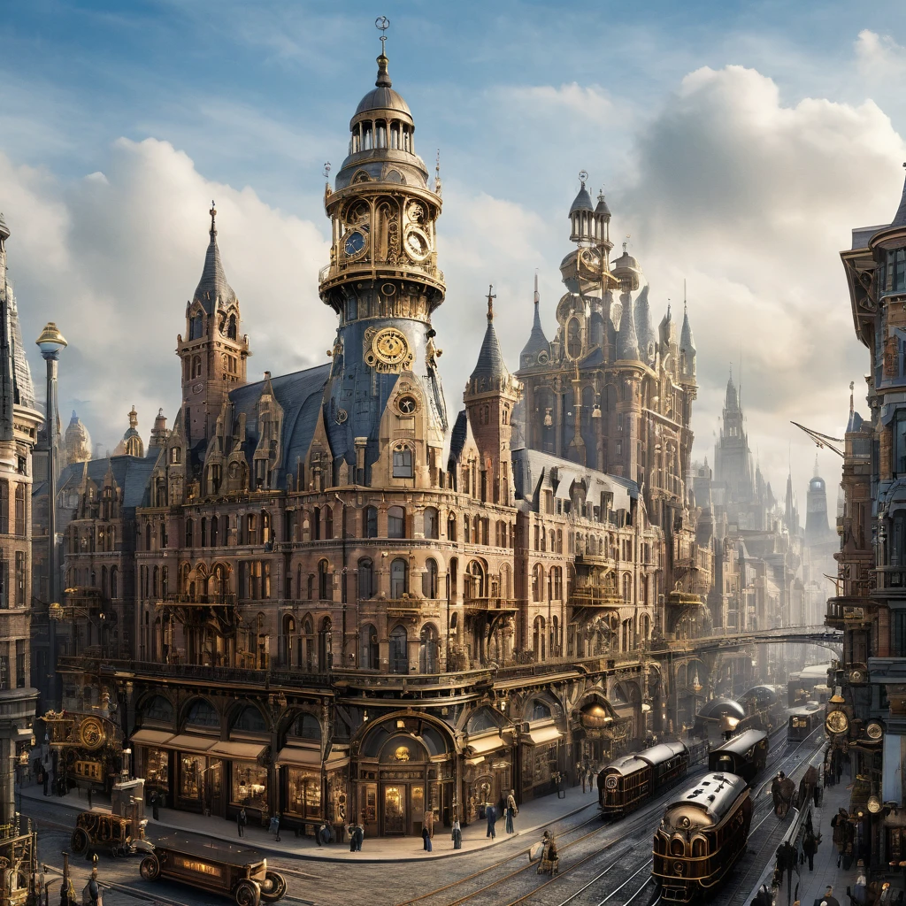 A cityscape with steampunk-style buildings and technology, combining Victorian-era aesthetics with advanced machinery, photorealistic, digitally enhanced.