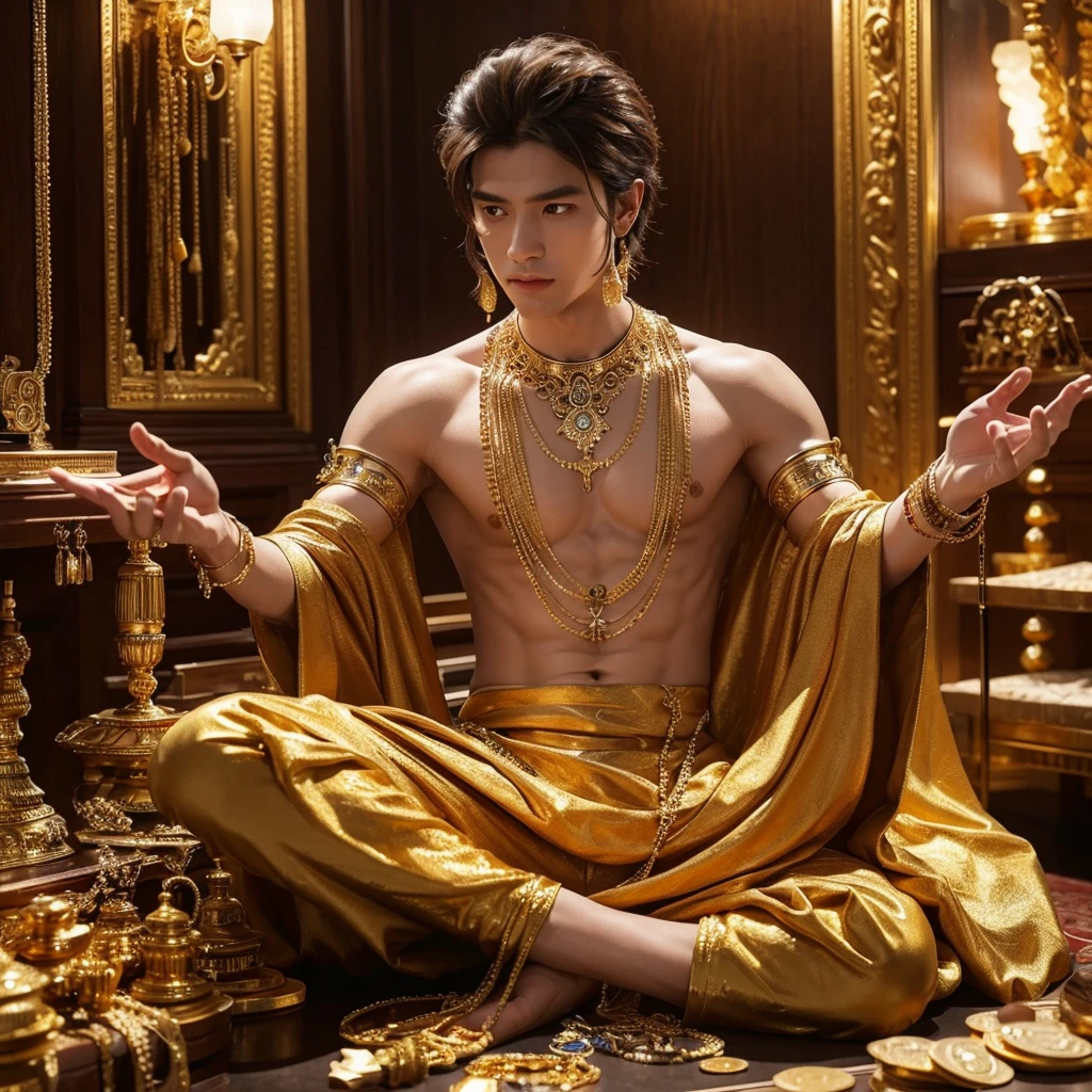 A four-armed genius, in a room full of gold coins, Jewelry & Precious Stones. He owns and distributes many possessions and wealth. Highly detailed and intricate
