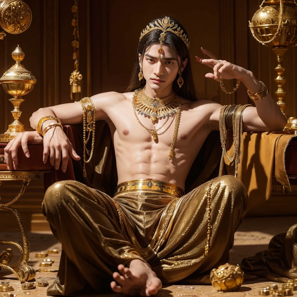 A four-armed genius, in a room full of gold coins, Jewelry & Precious Stones. He owns and distributes many possessions and wealth. Highly detailed and intricate