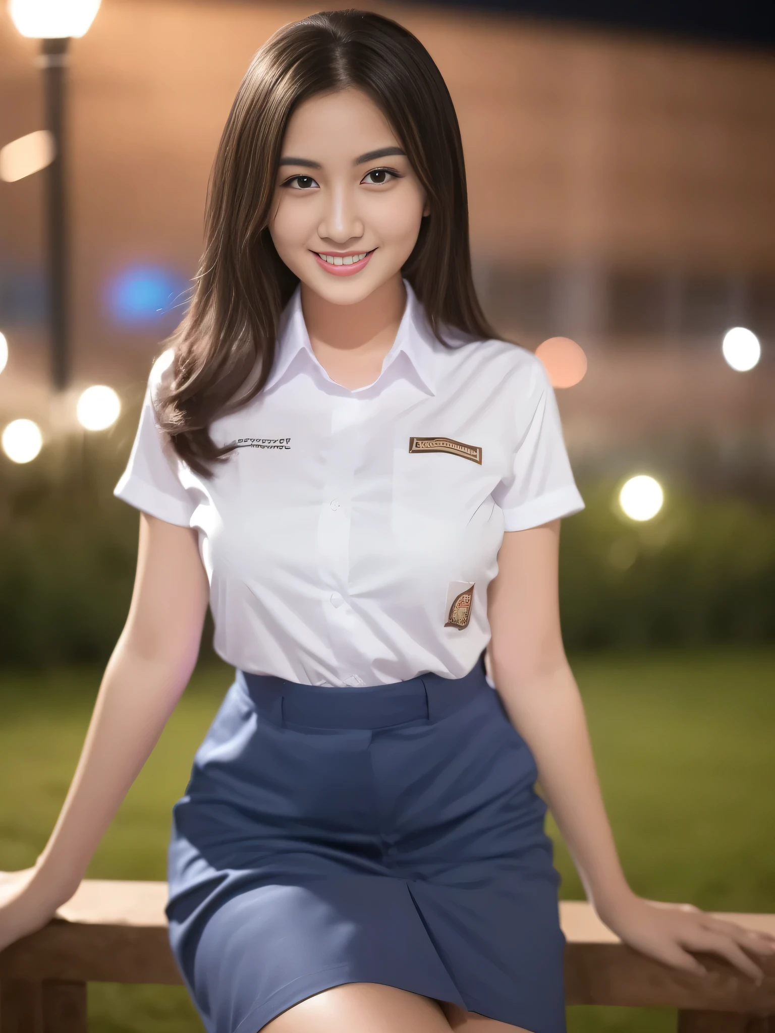 1girl, (uniform), outdoors, night view, detailed Metropolitan city at the background, (Overhead view:1.2), (zoom out: 1.2), detailed face, cute little smile, detailed eyes, thick large breasts, smooth realistic skin, semi-curvy body, white shirt, grey blue short skirt, looking at the audience, (8k, RAW photo, best quality, masterpiece: 1.3), (realistic, realistic: 1.37), ultra-high resolution