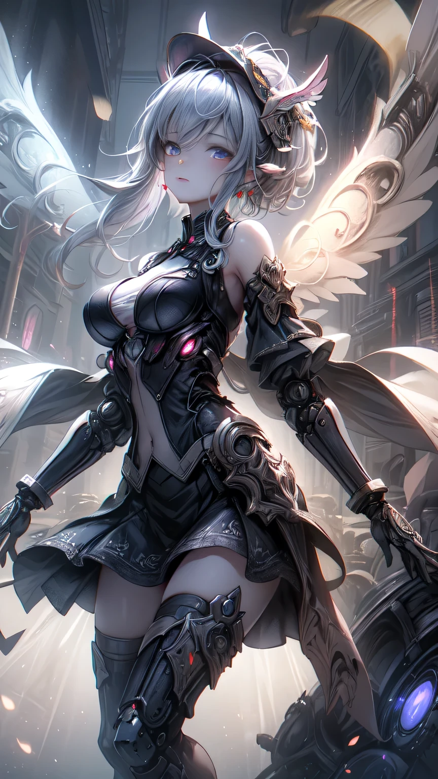 ((Highest quality)), ((Truly a masterpiece)), ((Ultra-detailed:1.4)), ((Ultra-Photorealistic 3D)), Android Magical Girl, Mechanical body, Dynamic action poses for battle scenes, Very complex and heavy fighter aircraft mechanical armament, Off-the-shoulder fashion that combines steampunk and gothic ta with attention to detail, Intricate steampunk headgear, Very thin、Over-the-knee reggae mechanical boots、Fluttering lace flare mini skirt、 Beautiful small breasts directed upwards、Swaying in the Wind、Long, curly silver hair,、Countless large, shining spheres fly around、Lots of sparks cross and fly、Countless neon lights pouring down from the magical pose、Complex and precise mechanical Night City、Very dark background、Very dramatic and cinematic lighting、Big wings on the back8Growing in Sheets。