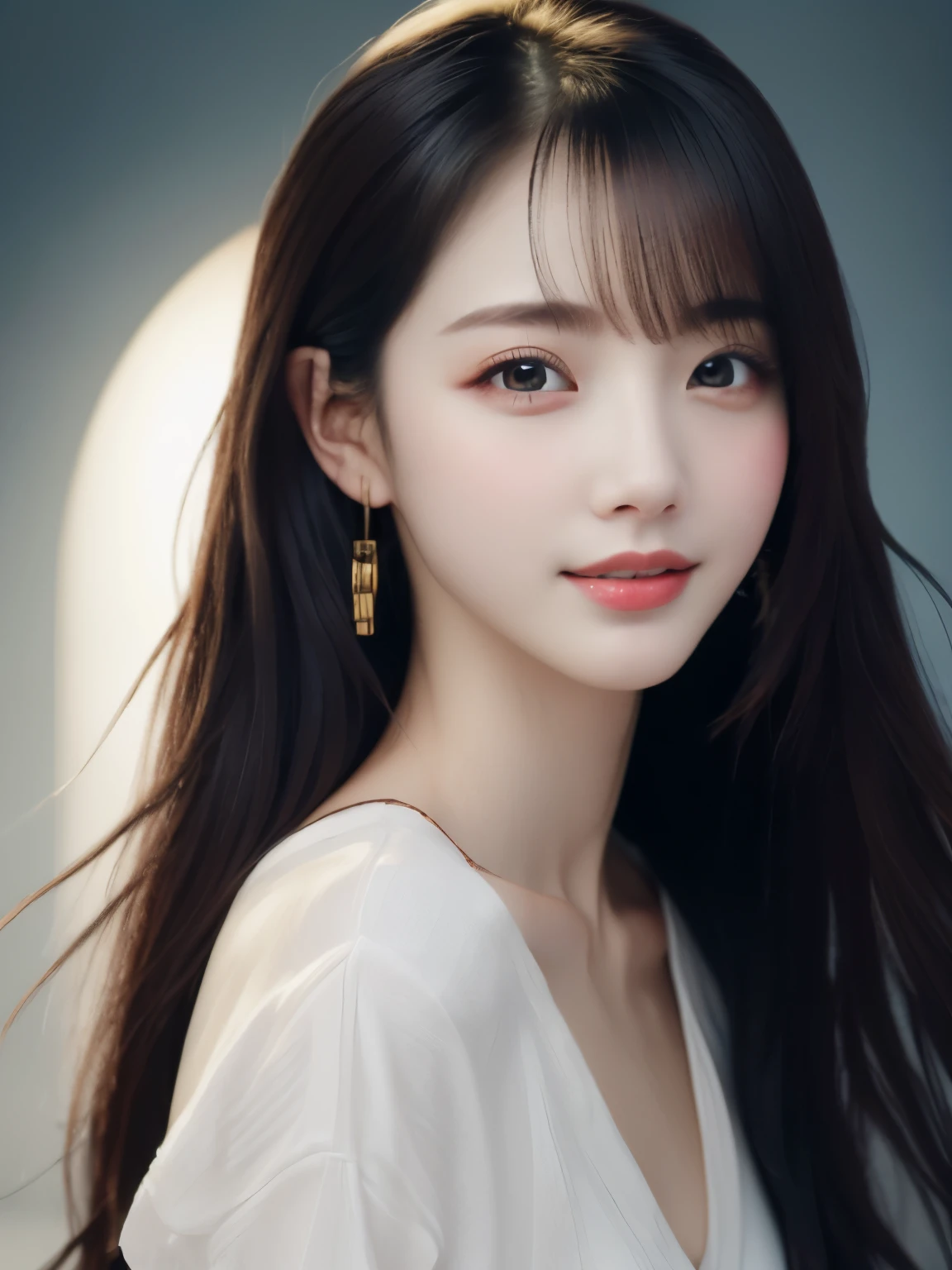 ((photorealistic:1.3)),((ultra detailed)),((sharp:1.5)),1woman,28yo, solo, black hair, long hair, original, realistic, looking at viewer, upper body, shirt, white shirt,lips, brown hair, parted lips, photo-referenced, real life, simple background, no makeup, pink lips, blue background, grey background, looking to the side, lipstick, dress,shadow, parted bangs.((8K)),((upper body)),((slender)),wearing w white blause