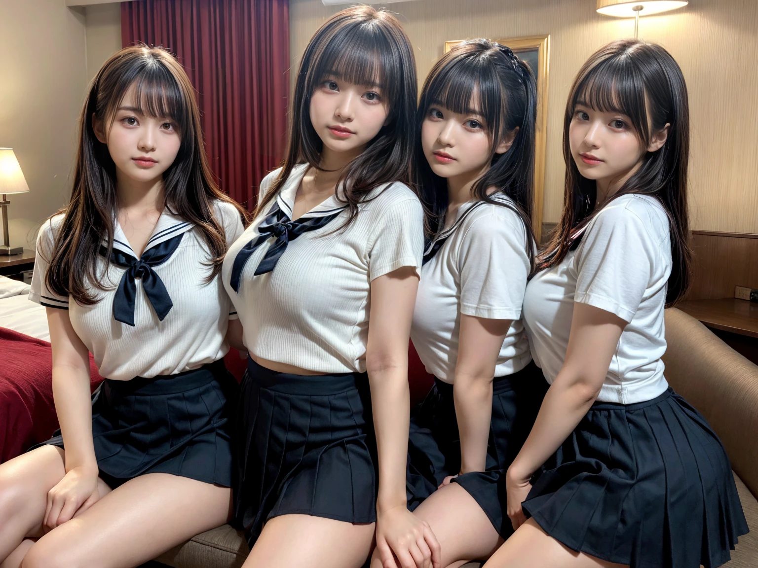 masterpiece, best quality, illustration, Super detailed, fine details, High resolution, 8K,wall paper, perfect dynamic composition,(Details High quality, realistic depiction of eyes:1.3), (3 girls), Black Sailor Uniform, serafuku, Navy pleated skirt, sitting, open legs, short bob hair, in a hotel room in the background, deep on field, large breasts, black hair color, Big Natural Color Lip, (perfect body shape), crying a little、Harajuku style、20 year old girl、cute type、beautiful legs, Gravure Idol