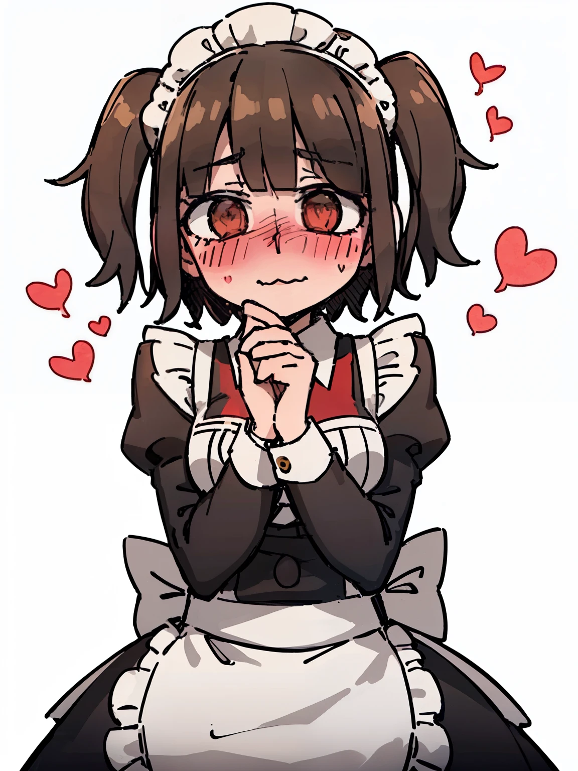 ((A maid，Light brown short hair，(two side up),Traditional British maid dress，blush，shy，Heart Eye))，like心，like，happy，front,Half Body,dignified，grace，White apron,White background