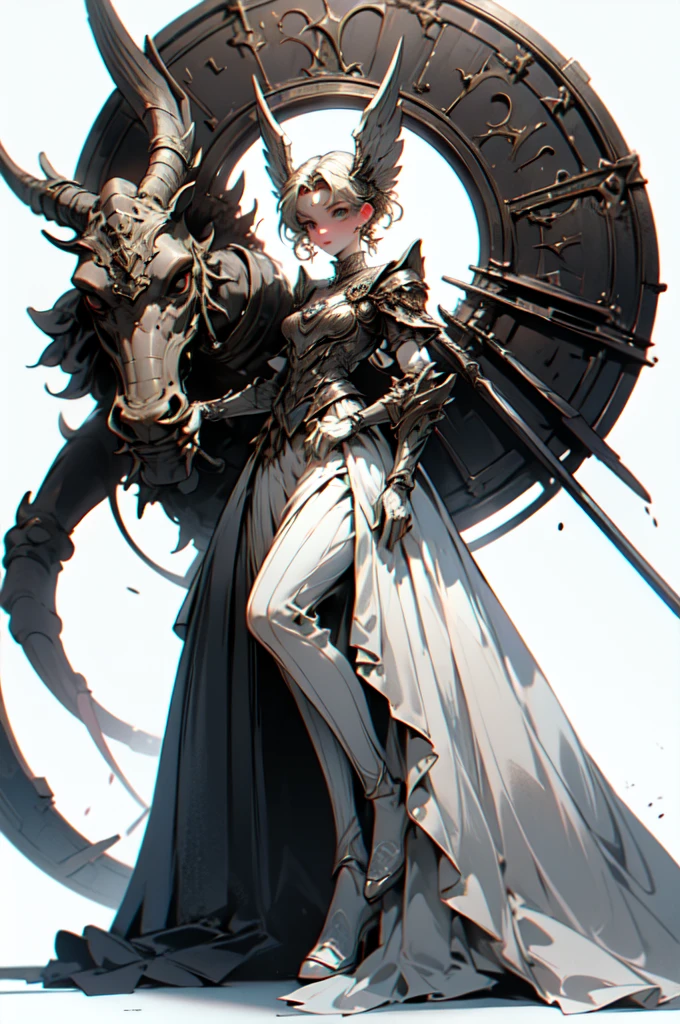 ((Highest quality)), ((masterpiece)), (detailed), Perfect Face ((Highest quality)), ((masterpiece)), (detailed), blank White Background, Plain background, White Background, Inspired by Bloodborne,  occult aesthetic, occult, detailed and intricate steampunk and detailed gothic, Browsing Caution, Very dramatic and cinematic lighting, Space horror, dark, Side light, Perfect Face, Valkyries, the beautiful goddesses worshipped in armor, Inspired by Bloodborne valkyrie, occult aesthetic valkyrie, occult valkyrie, detailed and intricate steampunk and detailed gothic valkyrie, Brandishing a sword、Hold a shield, Browsing Caution, Fluttering lace flared long Knee length dresses with frilly petticoats, Knee length dresses, Pleated petticoat, Lolita Dress, Petticoat Gothic Lolita, Side light, Gothic Lolita Aesthetics, beautiful Small breasts, Small breasts, full body, whole body, body, Plain background, White Background, Blank Background, No background, White Background Browsing Caution, full body, whole body, Head to Toe