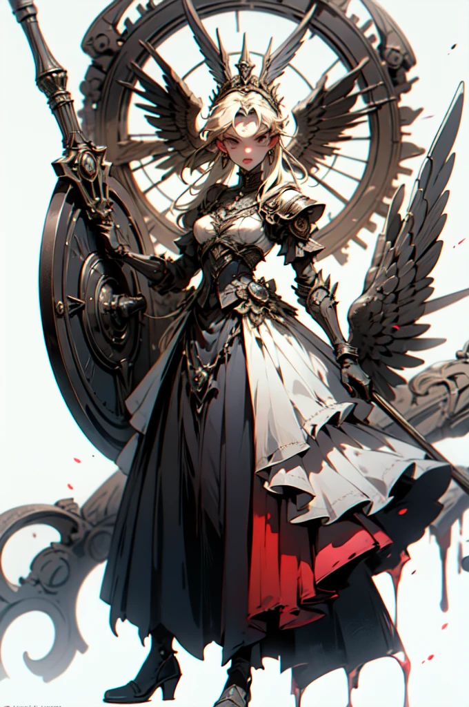 ((Highest quality)), ((masterpiece)), (detailed), Perfect Face ((Highest quality)), ((masterpiece)), (detailed), blank White Background, Plain background, White Background, Inspired by Bloodborne,  occult aesthetic, occult, detailed and intricate steampunk and detailed gothic, Browsing Caution, Very dramatic and cinematic lighting, Space horror, dark, Side light, Perfect Face, Valkyries, the beautiful goddesses worshipped in armor, Inspired by Bloodborne valkyrie, occult aesthetic valkyrie, occult valkyrie, detailed and intricate steampunk and detailed gothic valkyrie, Brandishing a sword、Hold a shield, Browsing Caution, Fluttering lace flared long Knee length dresses with frilly petticoats, Knee length dresses, Pleated petticoat, ta Dress, Petticoat Gothic LoliSide light, Gothic Lolita Aetics, beautiful Small breasts, Small breasts, full body, whole body, body, Plain background, White Background, Blank Background, No background, White Background Browsing Caution, full body, whole body, Head to Toe