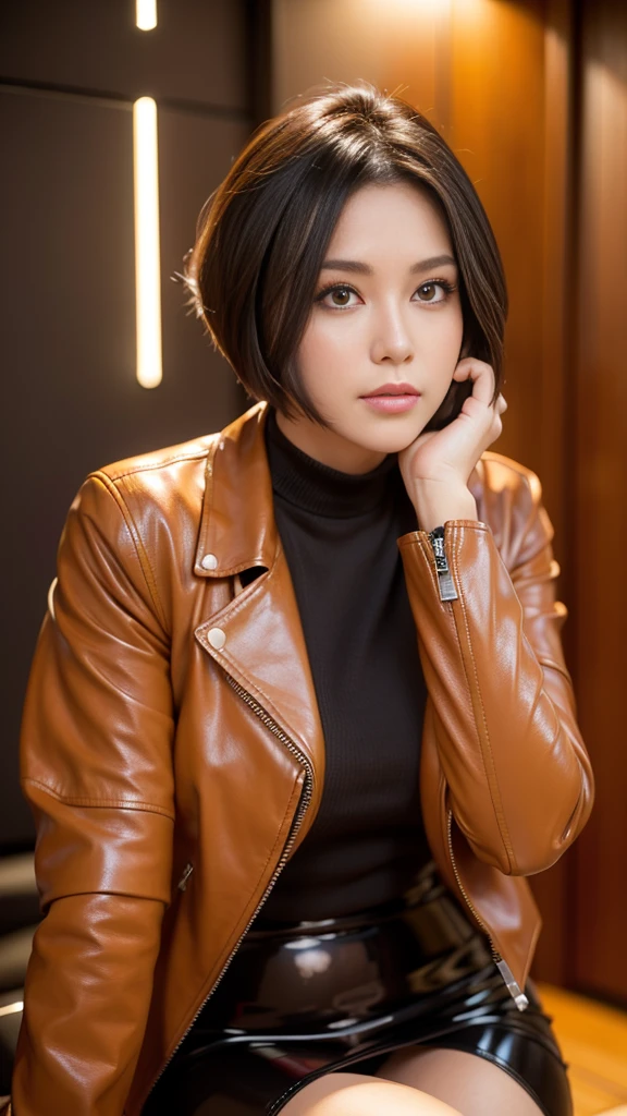 best image quality、超A high resolution、1 girl、beautiful face、short hair、Announcer wearing a long-sleeved leather jacket、sitting in the studio