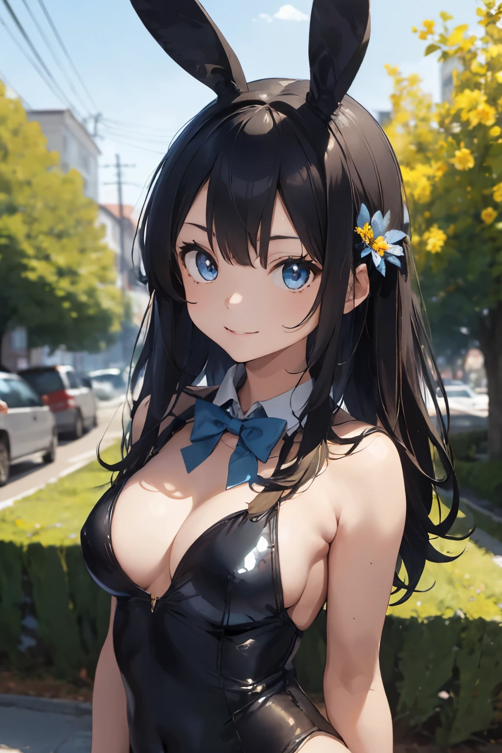 ((Highest quality)), ((masterpiece)), (detailed),((nymph)),, Black Hair,(Childish face), (Straight Hair), Girl ,big Breasts , ((Blue eyes)), shy-smile , ((upper body)) , Bunny Girl Costume, looking at viewer ,looking at viewer, black leotard, rabbit ears, black rabbit ears, fake rabbit ears, bowtie, wrist cuffs, flower garden ,