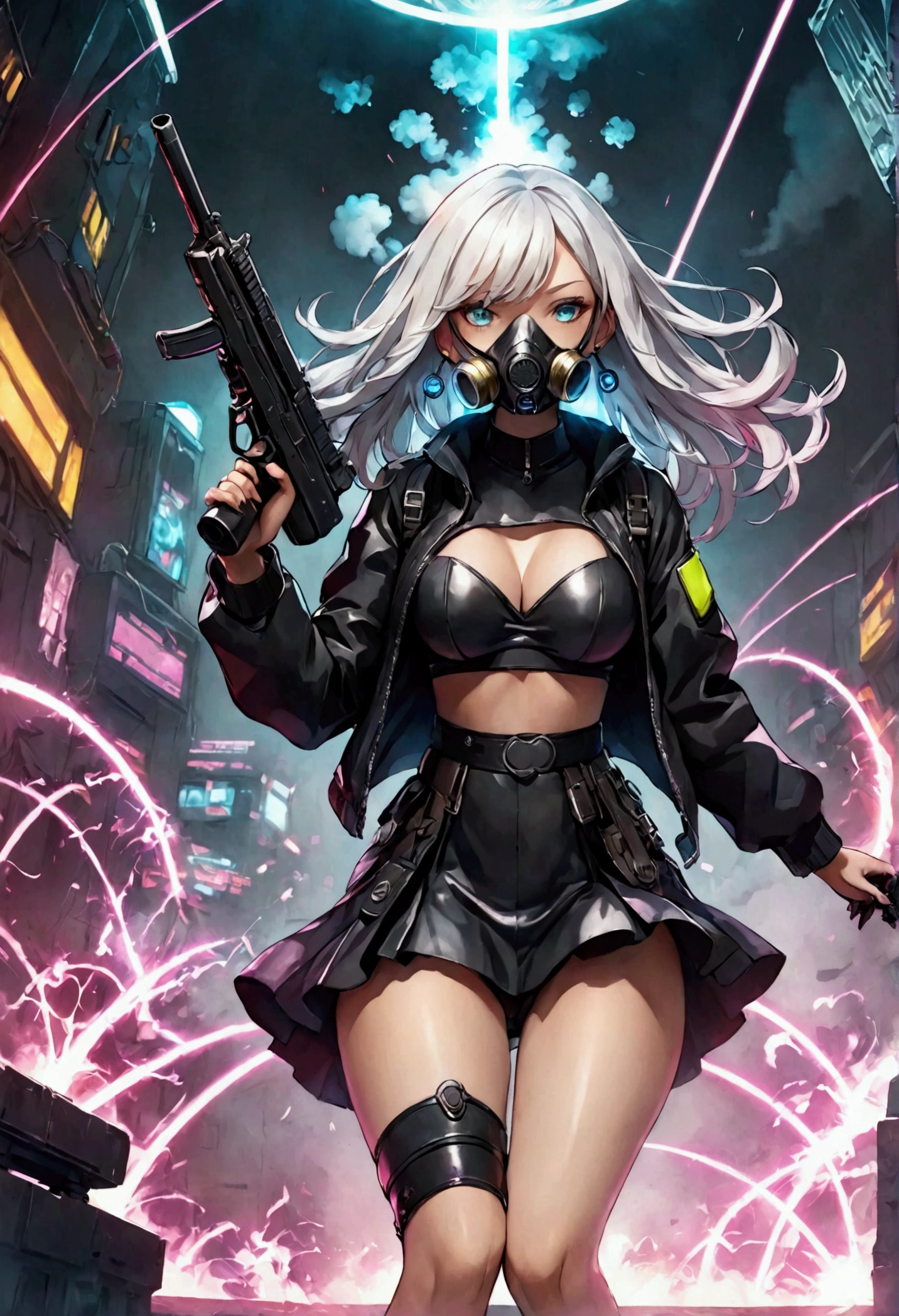 cyber punk、dark、gas mask、girl、Submachine gun in both hands、Bouncing、White Hair、Smoke erupts、Bright、Laser Light、beautiful、strong、Uplifting