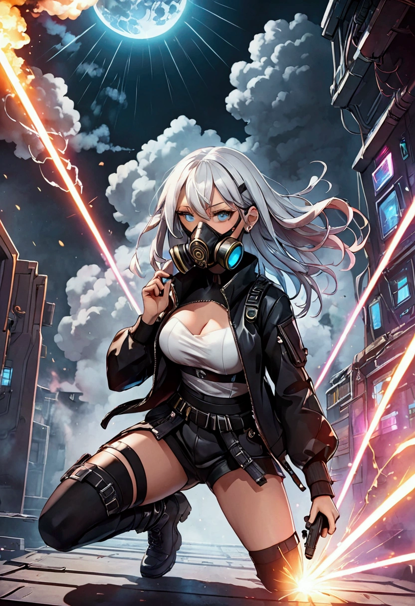 cyber punk、dark、gas mask、girl、Submachine gun in both hands、Bouncing、White Hair、Smoke erupts、Bright、Laser Light、beautiful、strong、Uplifting