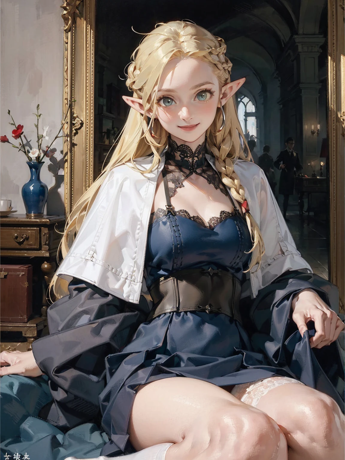 Gothic fashion woman，(masterpiece, Highest quality) detailed,Silver Accessories , blonde ,Pointy Ears ，Lace Underwear，Double Tail，Waist-length hair，smile，White lace socks，