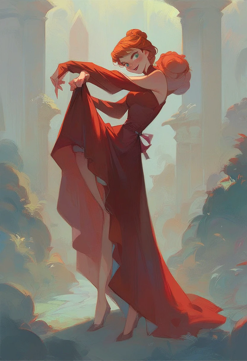 Anna from frozen, lifting up long red gown to expose her red hairy crotch