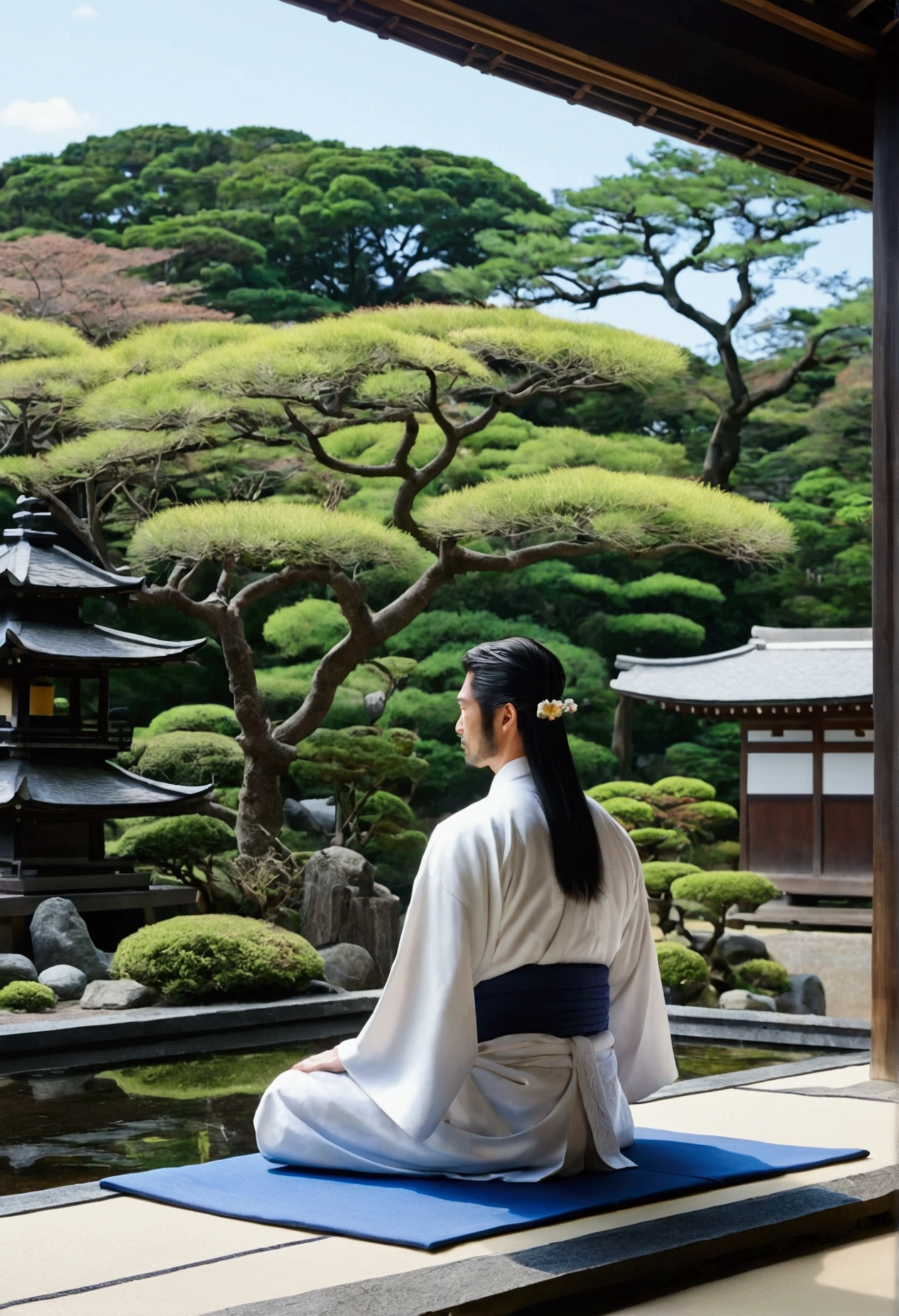 ((blue sky))、Shinto、Priest、shrine、Japanese-style garden、A view of the garden from the veranda、White kimono、Long-haired men、A Japanese garden with a long view、Black hair sitting cross-legged、Pool、flower