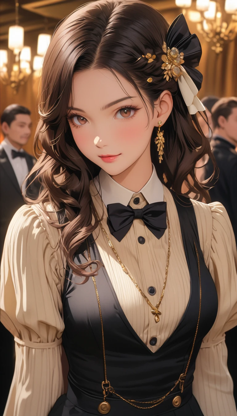 (Highest quality、masterpiece、High resolution、detailed), (Realistic skin texture:1.3), (detailedな目、Beautiful Face),  One girl,, 3D Anime Real,, rtrophto1
break
//Fashion Vintage Chic,
Get retro vibes with a vintage chic outfit complete with bow tie and suspenders, Start with a tailored vest or waistcoat in a classic color like black., Navy blue, or charcoal grey, Pair with high-waisted pants or a pencil skirt for a sophisticated silhouette.。, Pair a crisp white button-down shirt with a colorful bow tie、Your individuality stands out。, 
break
Layer on a pair of matching suspenders for a stylish and functional touch, Complete the ensemble with polished oxfords or loafers.、Wear your hair in soft waves or a sleek updo。, This vintage-inspired costume、Perfect for theme parties and cosplay events。, It embodies the timeless elegance of old Hollywood glamour.,
break