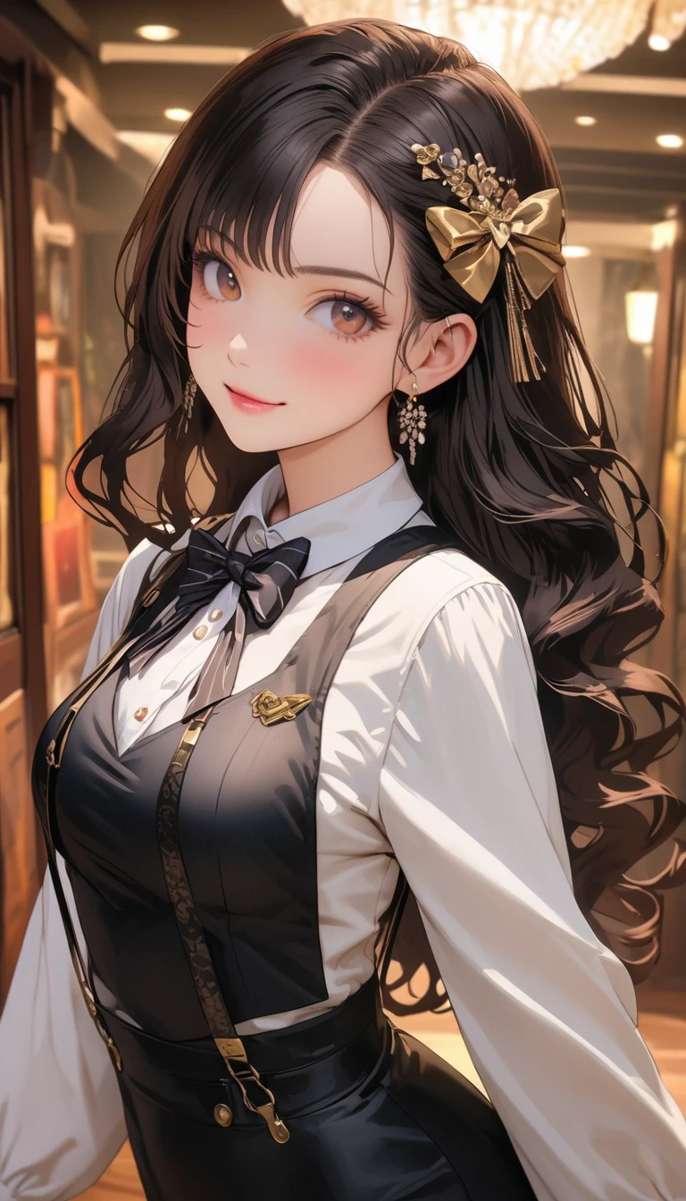 (Highest quality、masterpiece、High resolution、detailed), (Realistic skin texture:1.3), (detailedな目、Beautiful Face), One girl,, 3D Anime Real,, rtrophto1
break
//Fashion Vintage Chic,
Get retro vibes with a vintage chic outfit complete with bow tie and suspenders, Start with a tailored vest or waistcoat in a classic color like black., Navy blue, or charcoal grey, Pair with high-waisted pants or a pencil skirt for a sophisticated silhouette.。, Pair a crisp white button-down shirt with a colorful bow tie、Your individuality stands out。,
break
Layer on a pair of matching suspenders for a stylish and functional touch, Complete the ensemble with polished oxfords or loafers.、Wear your hair in soft waves or a sleek updo。, This vintage-inspired costume、Perfect for theme parties and cosplay events。, It embodies the timeless elegance of old Hollywood glamour.,
break