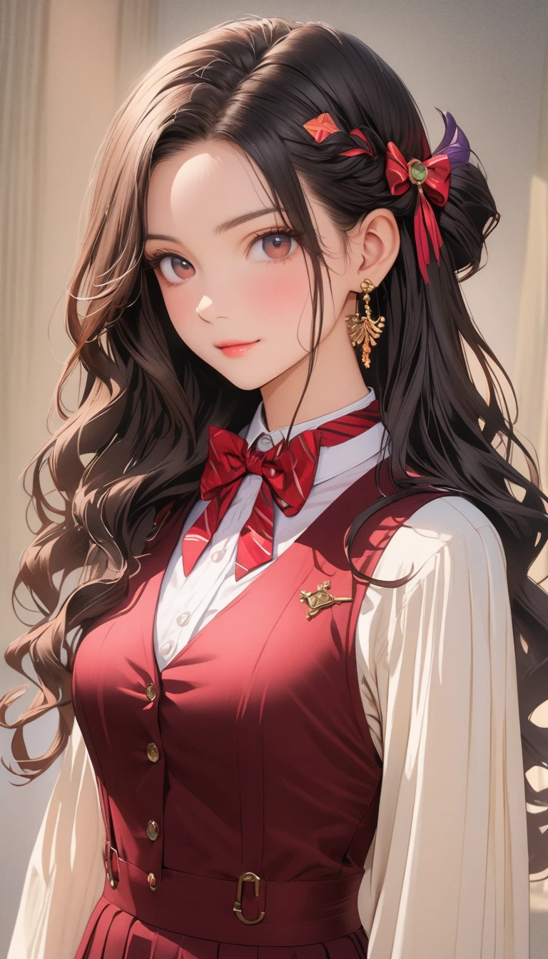 (Highest quality、masterpiece、High resolution、detailed), (Realistic skin texture:1.3), (detailedな目、Beautiful Face),  One girl,, 3D Anime Real,, rtrophto1
break
//Fashion Vintage Chic,
Get retro vibes with a vintage chic outfit complete with bow tie and suspenders, Start with a tailored vest or waistcoat in a classic color like black., Navy blue, or charcoal grey, Pair with high-waisted pants or a pencil skirt for a sophisticated silhouette.。, Pair a crisp white button-down shirt with a colorful bow tie、Your individuality stands out。, 
break
Layer on a pair of matching suspenders for a stylish and functional touch, Complete the ensemble with polished oxfords or loafers.、Wear your hair in soft waves or a sleek updo。, This vintage-inspired costume、Perfect for theme parties and cosplay events。, It embodies the timeless elegance of old Hollywood glamour.,
break