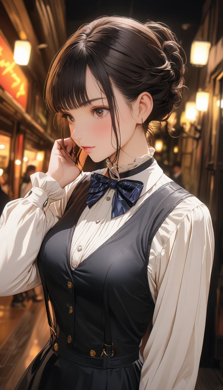 (Highest quality、masterpiece、High resolution、detailed), (Realistic skin texture:1.3), (detailedな目、Beautiful Face),  One girl,, 3D Anime Real,, rtrophto1
break
//Fashion Vintage Chic,
Get retro vibes with a vintage chic outfit complete with bow tie and suspenders, Start with a tailored vest or waistcoat in a classic color like black., Navy blue, or charcoal grey, Pair with high-waisted pants or a pencil skirt for a sophisticated silhouette.。, Pair a crisp white button-down shirt with a colorful bow tie、Your individuality stands out。, 
break
Layer on a pair of matching suspenders for a stylish and functional touch, Complete the ensemble with polished oxfords or loafers.、Wear your hair in soft waves or a sleek updo。, This vintage-inspired costume、Perfect for theme parties and cosplay events。, It embodies the timeless elegance of old Hollywood glamour.,
break