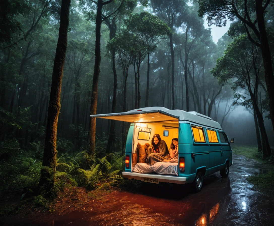 Sweet Women Sleeping in Campervan When Heavy Rain in Forest at Night