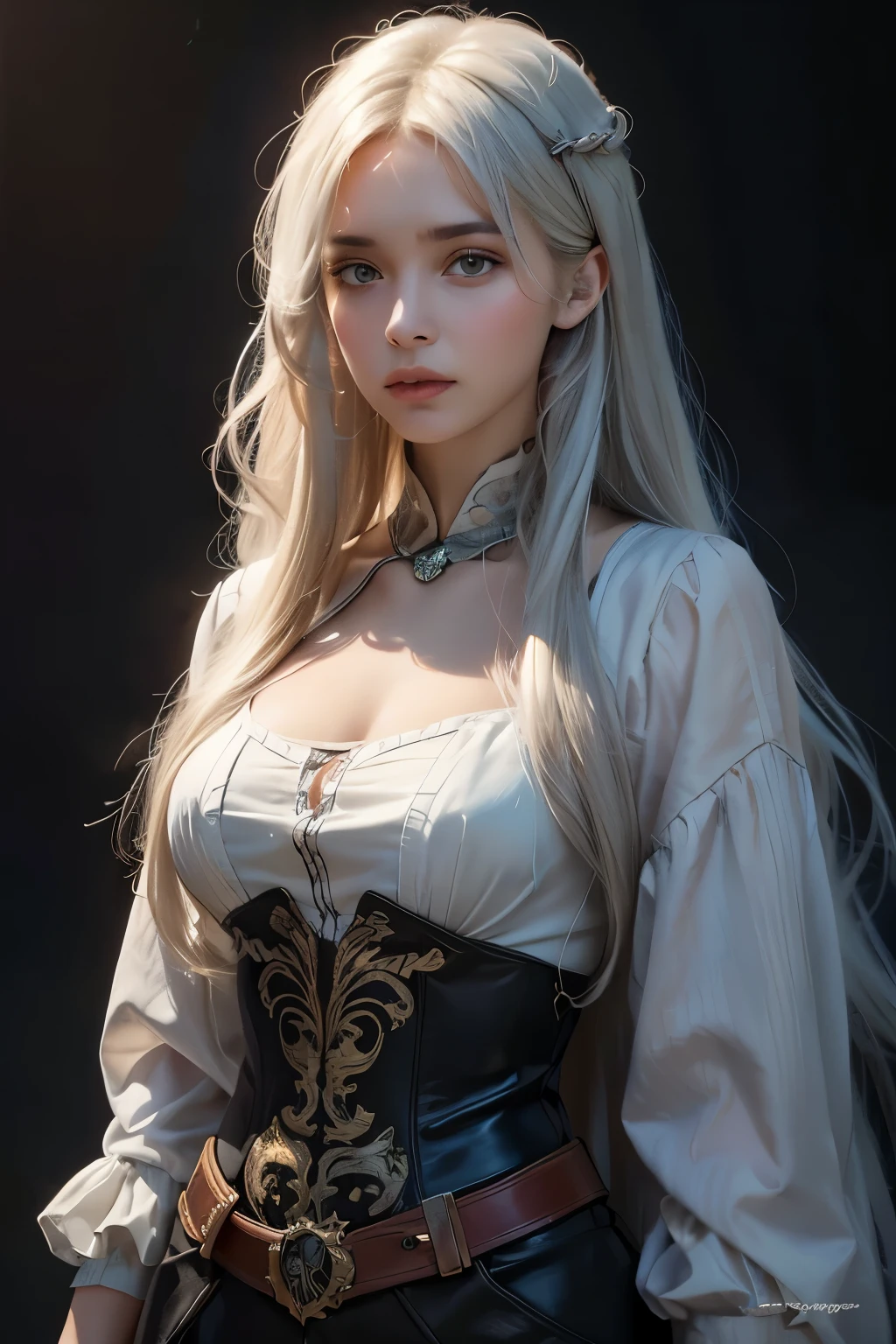 Surrealist female portraits by David Hockney and Alphonse Mucha,fantasy art, photo realistic, dynamic lighting, art station, poster, volumetric lighting, very detailed face, 4 thousand, Awards,, 1 woman, in the dark, deep shadows, low key,cowboy shot,(formal clothing:1.4) ,long hair,gray hair,