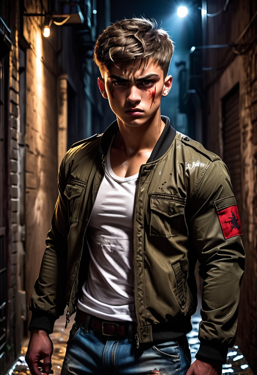 a rustic boy, 20 years old, military short hair, lightbrown eyes, male pose standing in a dark alley, mysterious lighting, Muscular Physique, looking at the camera, anger, jaket, a lot of blood 