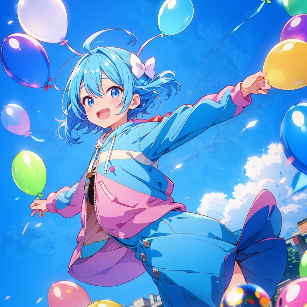 Little男の子、Flying in the sky with lots of balloons、Wearing a blue costume、cute、Little、Heartwarming、