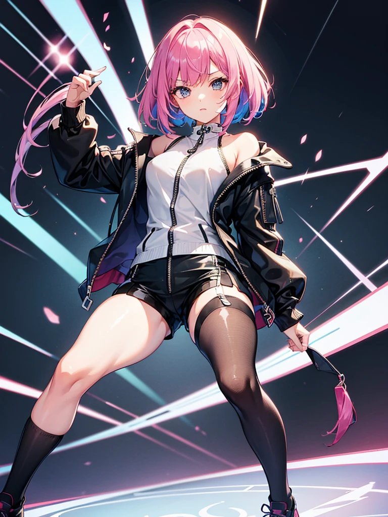 a girl,Hair color random,Random hairstyle,tights,((Super detailed zipper)),Short skirt,(shorts),Stylish style,dynamic poses,Sexy