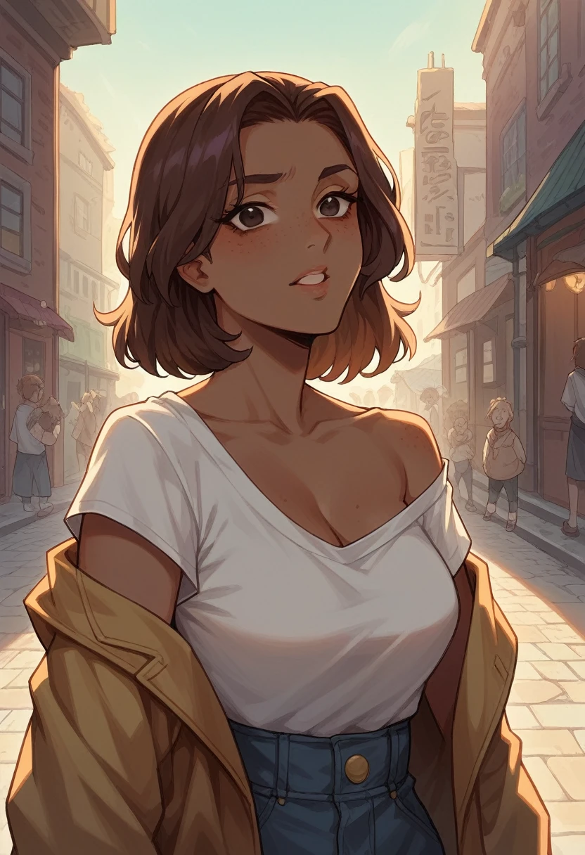 hyperrealistic image of a woman with the flag of Venezuela in the streets:
In the middle of the cobblestone streets of Caracas, The afternoon sun bathes the face of a woman named MARÍA. Its brown skin is impregnated with a soft and smooth texture., with small freckles that fade in the light. His dark eyes, full of determination, flash with a spark of hope.
Maria's hair, black as night, cascades over his shoulders, with each strand perfectly defined. The curls intertwine with each other, creating a tangle of vibrant textures full of life. Some unruly strands float in the air, dancing to the beat of the wind.