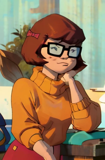 old color photo) of velmadinkley, With a big fat body, glasses,freckles,analog style, modelshoot style, 35mm, vignette, intricate detail, film grain, portra,
