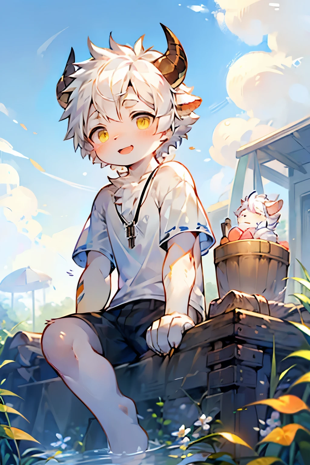 Cow Boy,Horns,Furry boys,Baby characteristics,Beast Features,Yellow skin,White Arm,White hair,Short sleeve,shorts,Outdoor bright background