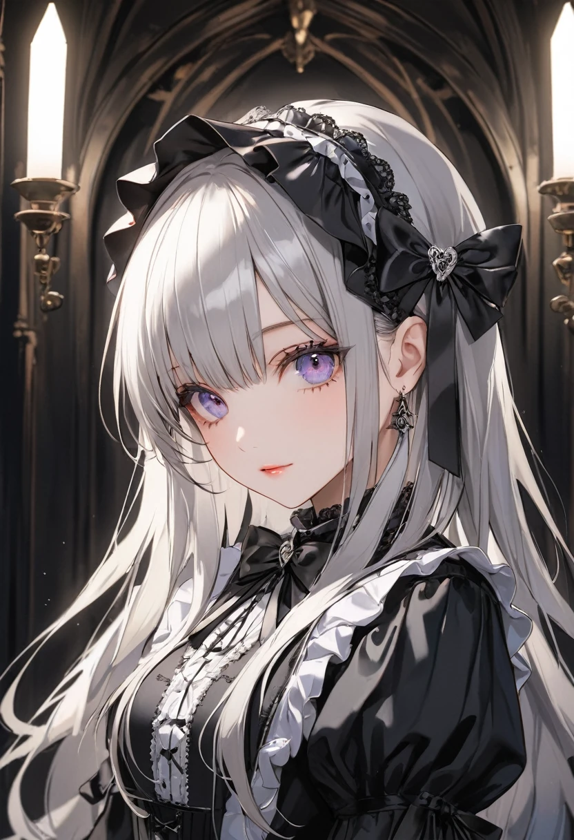 (top-quality),(masuter piece),Delicately drawn face,girl with a pretty face,beautiful detailed eyes,Gothic Lolita Fashion,((Black and white costume)),(Beautiful silky silver hair:1.2),black ribbon hair ornament,Film Lighting,in Gothic room