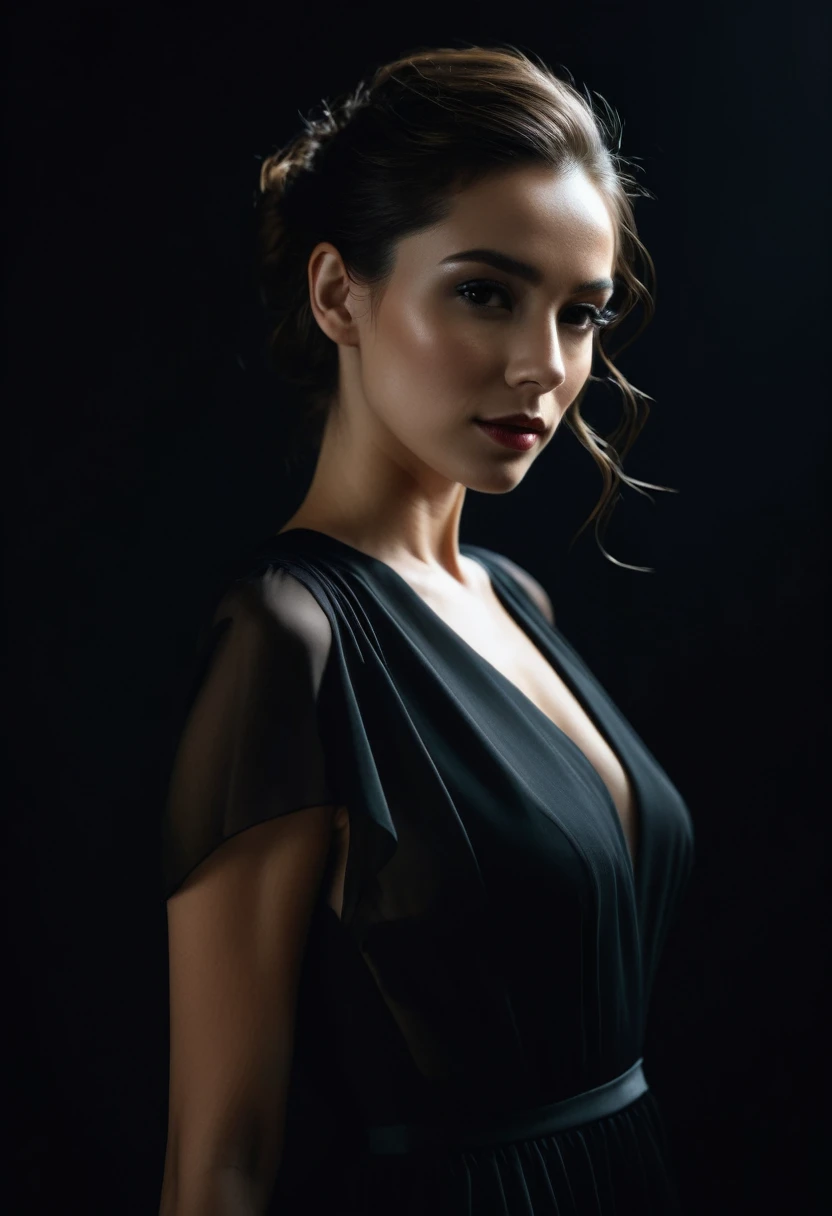 dark shot, film grain, A close up of a woman in a beautiful black dress and a black background, ultra clear