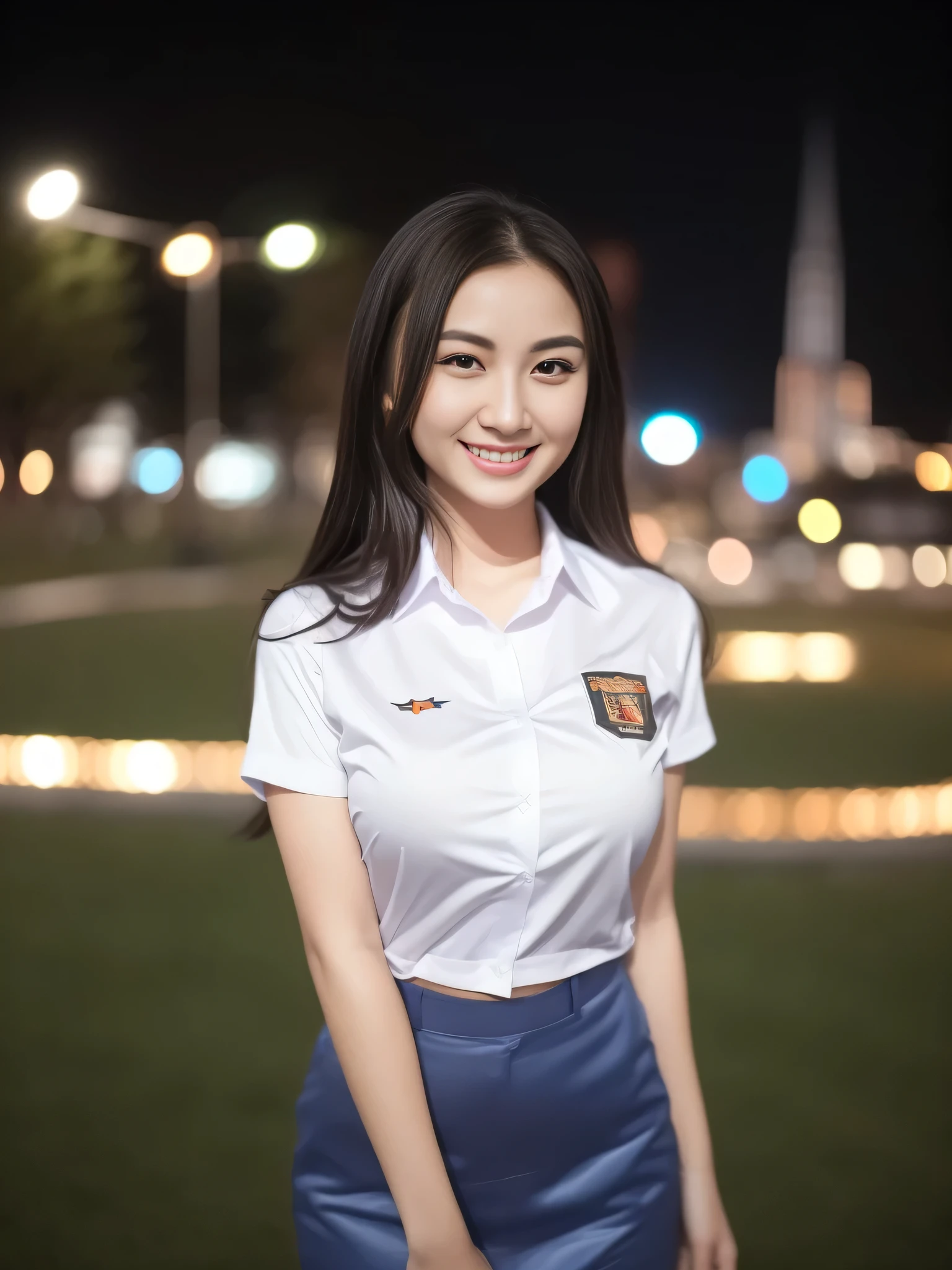 1girl, (uniform), standing, outdoors, night view, detailed Metropolitan city at the background, (Overhead view:1.35), (zoom out: 1.1), detailed face, cute little smile, detailed eyes, medium thick breasts, six pack abs, smooth realistic skin, semi-curvy body, white shirt, grey blue short skirt, looking at the audience, (8k, RAW photo, best quality, masterpiece: 1.2), (realistic, realistic: 1.37), ultra-high resolution
