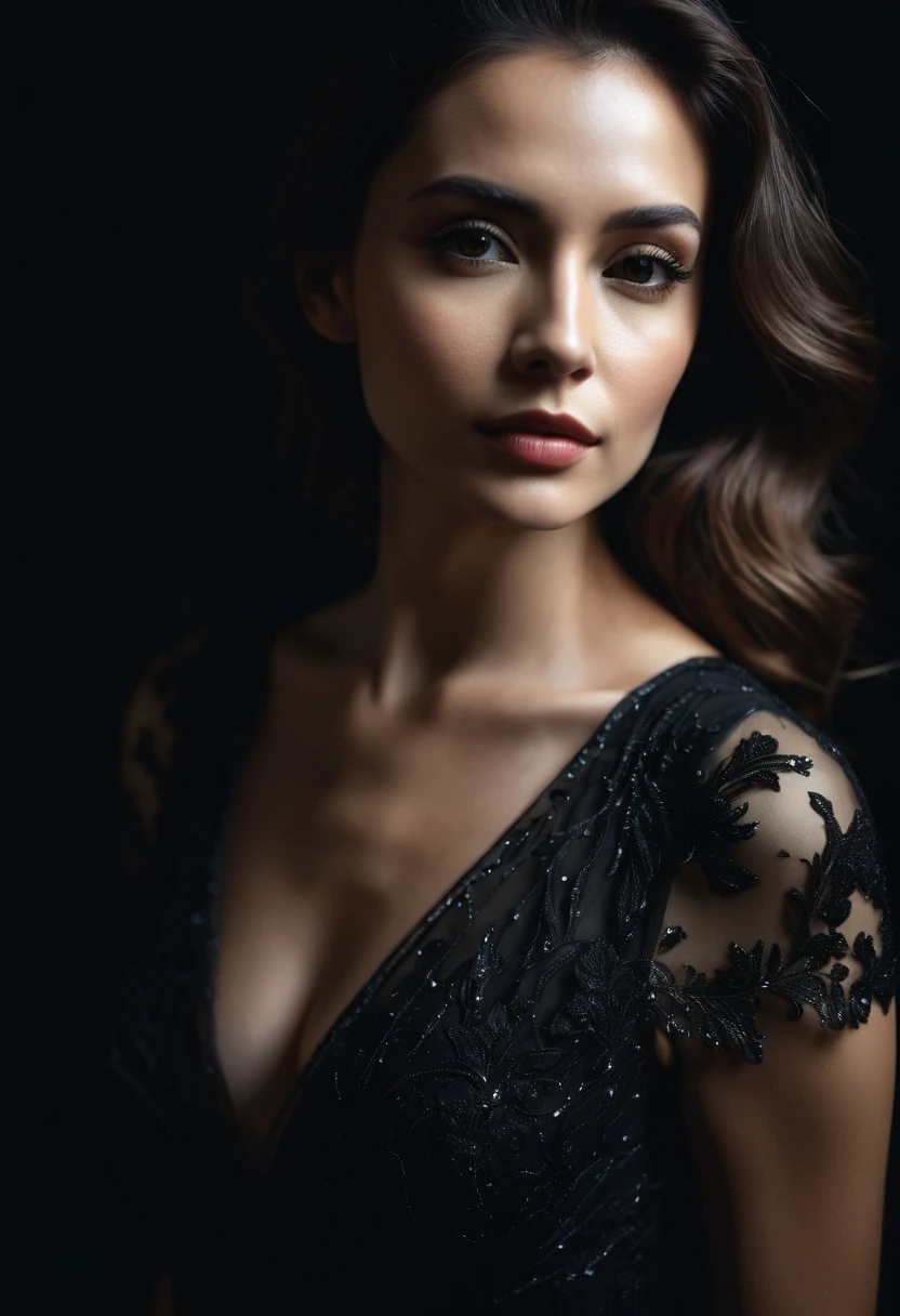 dark shot, film grain, A close up of a woman in a beautiful black dress and a black background, ultra clear, high quality