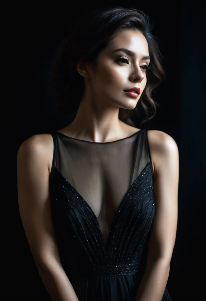 dark shot, film grain, A close up of a woman in a beautiful black dress and a black background, ultra clear, high quality
