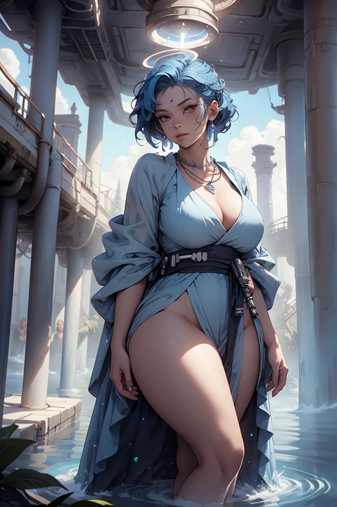 Jedi, lightsaber, tight , legs, alien, curvy, serious, blue lightsaber, (best quality)+, masterpiece+Blue hair length to the middle of the back, with a necklace and a blue and white dress, a halo of water above the head, scales visible on the body and face, nsfw,