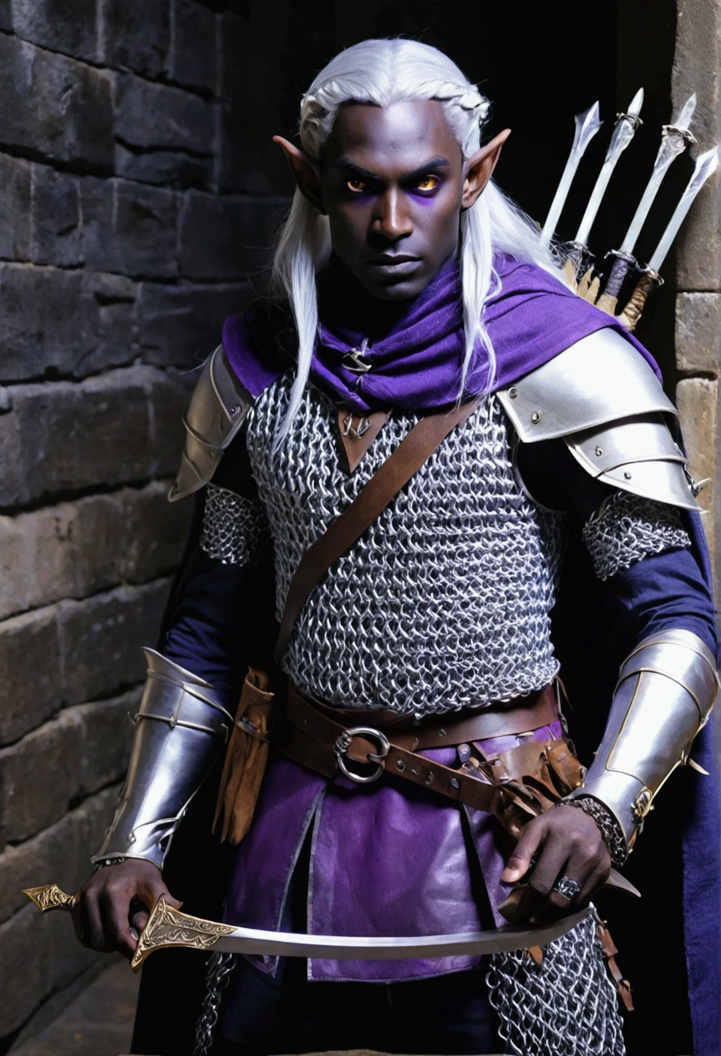 (Drow Elf Male)(Night black skin, violet tinged night spun chain mail, adventuring sacks and pouches, violet eyes, silver hair, magical bag on hip, one handed crossbow, sword in scabbard) look of contempt on his face, posing in a dungeon, viewer is not a worthy foe