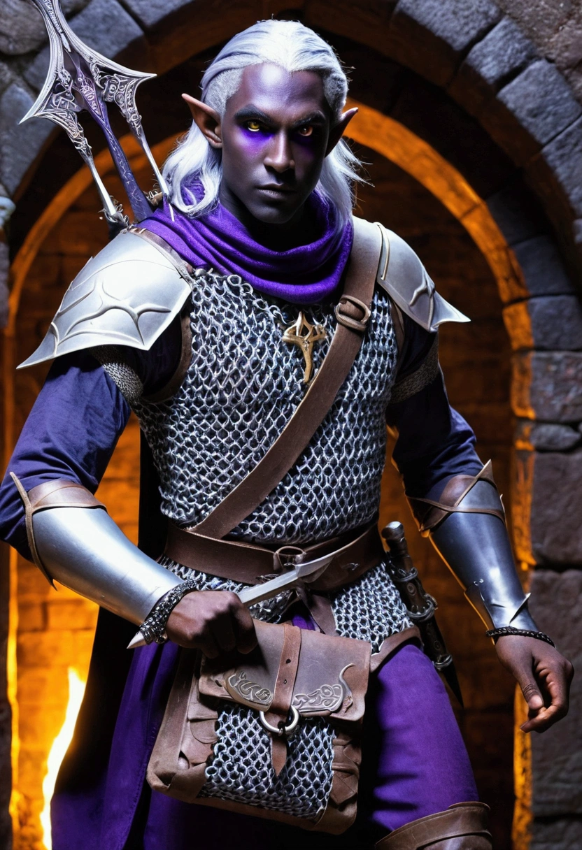 (Drow Elf Male)(Night black skin, violet tinged night spun chain mail, adventuring sacks and pouches, violet eyes, silver hair, magical bag on hip, one handed crossbow, sword in scabbard) look of contempt on his face, posing in a dungeon, viewer is not a worthy foe