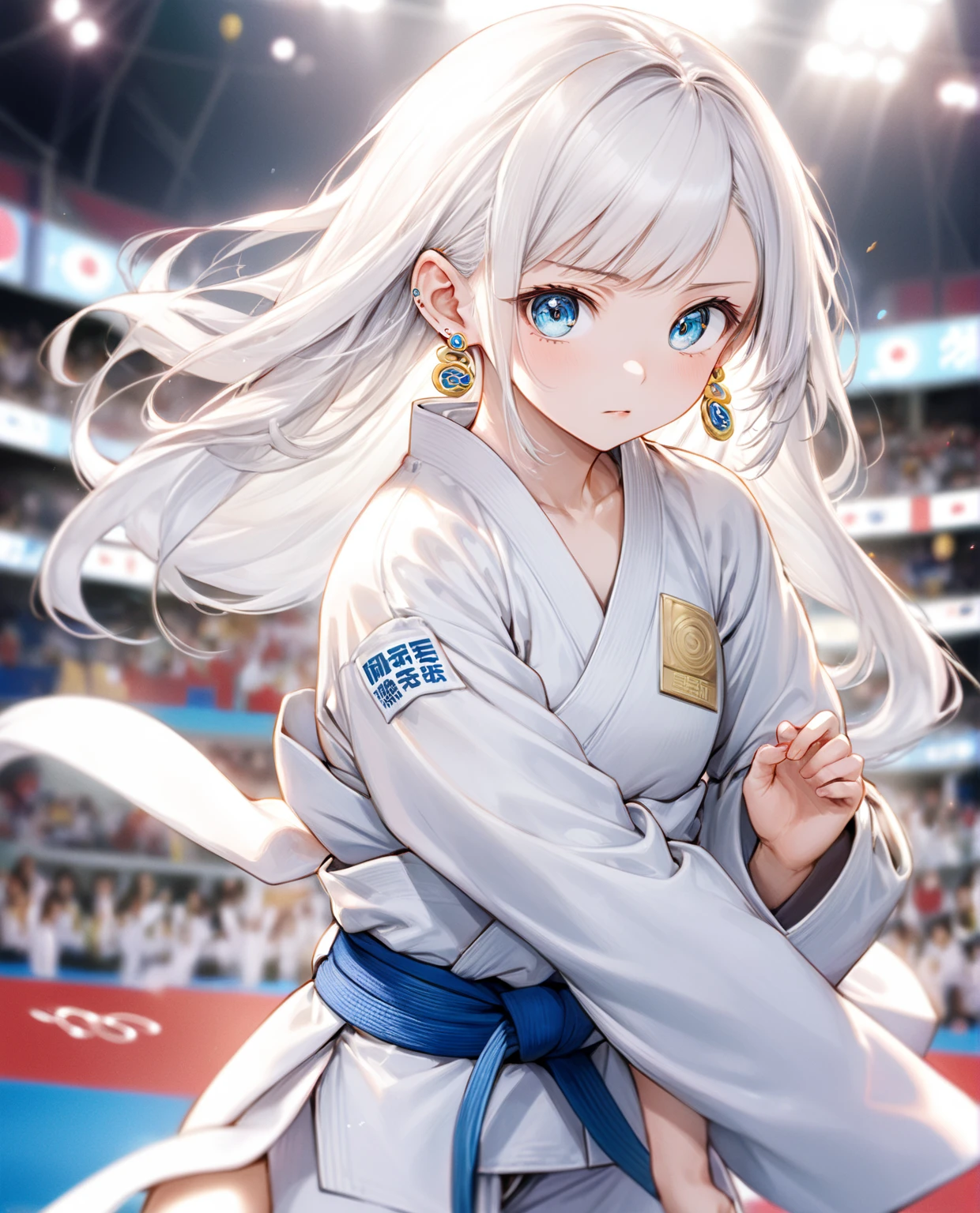 (Highest quality,8k,32K,masterpiece,Ultra-high resolution :1.2 ),born,One girl,Super cute,Natural light,Clear, shining eyes,20-year-old,Fair skin,Olympic venue electronic world fantasy background,The noble earrings are shining,The noble necklace shines,White Hair,Judo,Long Hair,Doing judo,Serious expression,Stuffy