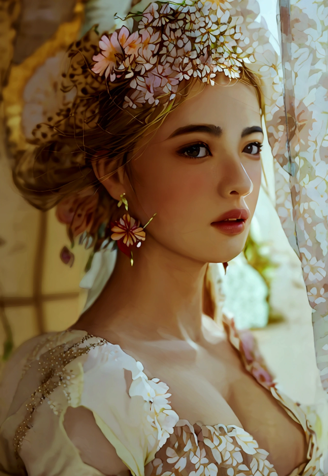 Highest quality, Masterpiece, high resolutionเป็นพิเศษ, (realistic: 1.4) 1 woman, beautiful_face, Fine skin, full body, decorate, alone, palace, queen, earring, Blurry, realistic, lips, (tangled: 1.2), (flower: 1.4), big breasts, The navel is exposed, painful expression, enjoyable, big, armpit,  M shaped, open legs, camel toe, Barefoot, Barefoot, Barefoot, Highest quality, Masterpiece, Highly detailed, high resolution, 8ก, complicated details, realistic, realistic, Incredible light, Partially hidden 1 woman,Through a thin curtain., Look at the chest., Create an attractive and suggestive effect.., Lets you see her skin and the shape of her breasts..