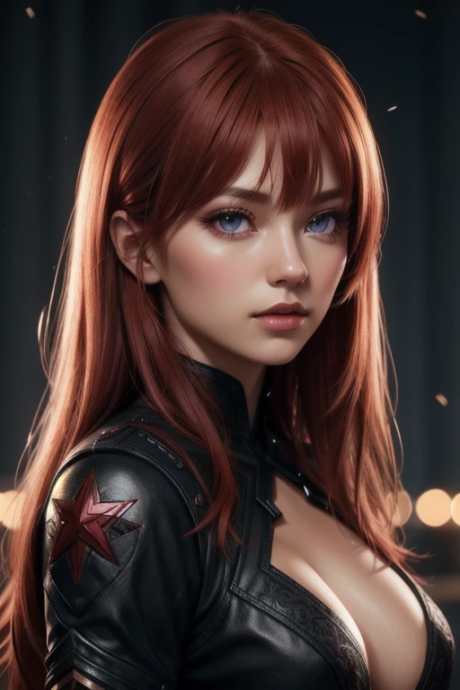 One girl, Star Eye, blush, Perfect lighting, Redhead, Red eyes, Unreal Engine, Side light, Detailed face, bangs, Light Skin, Simple Background, Night Background,