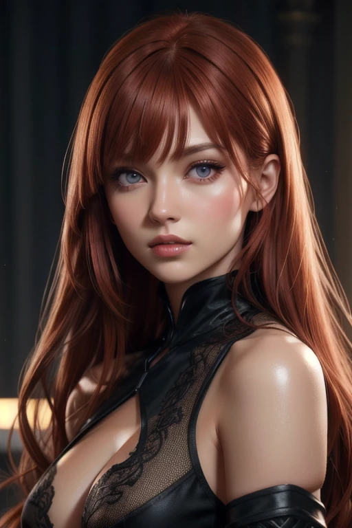 One girl, Star Eye, blush, Perfect lighting, Redhead, Red eyes, Unreal Engine, Side light, Detailed face, bangs, Light Skin, Simple Background, Night Background,