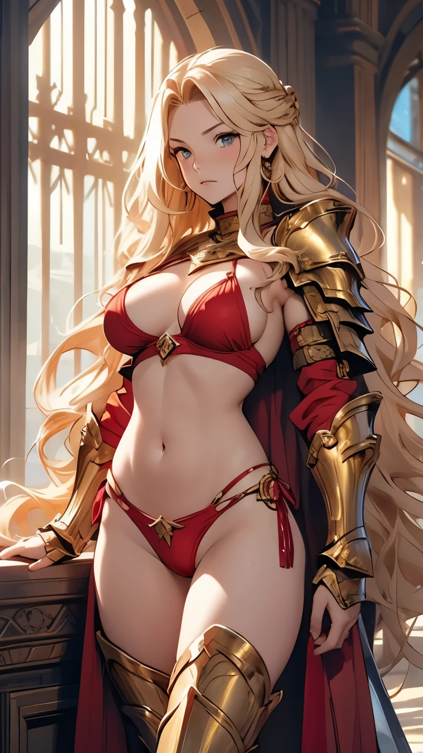 Golden wavy long hair、Sleepy expression、Embarrassing、Red metallic bikini、female knight、Huge breasts、Underideboob、Gold Armor、Absolute area、Camel toe、Belly button、NSFW、Shooting from below、sword